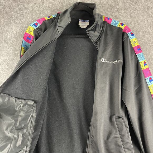 Champion Tricot Track Jacket Mens Medium Black Full Zip Colorful Logo Sporty - Picture 8 of 16